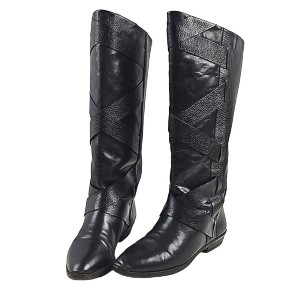 Vintage 80s 90s 9 West Black Leather Cross Strap Knee High Tall Flat Heel Boot